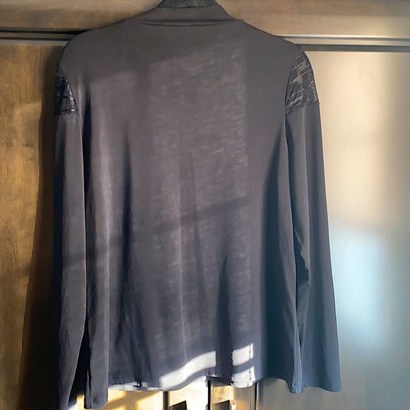 Halston black mock neck long sleeve tee with see through mesh shoulders - Picture 5 of 6